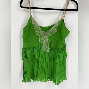 Twin Set Simona Barbieri Green Spaghetti Strap Cami Pleats Beige Lace Top size M